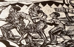 Woodcut illustration of migrants struggling through mountains together
