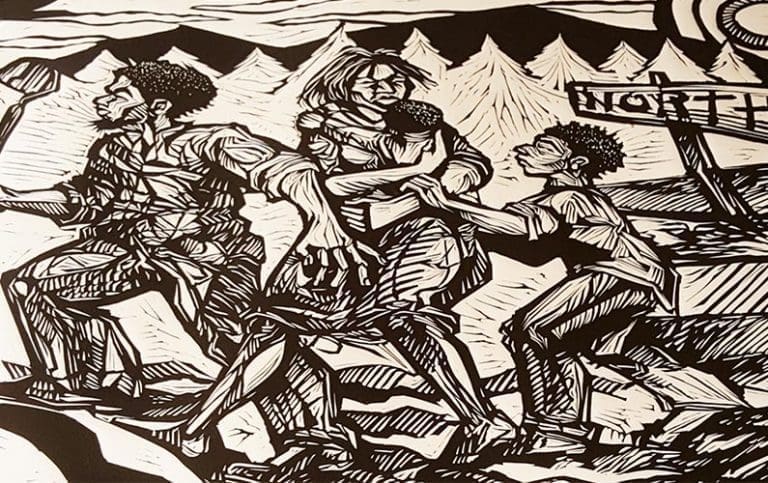 Woodcut illustration of migrants struggling through mountains together