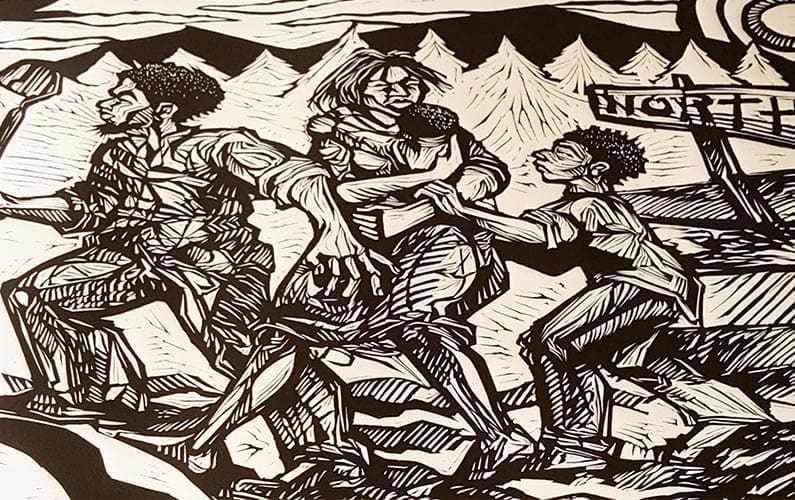 Woodcut illustration of migrants struggling through mountains together